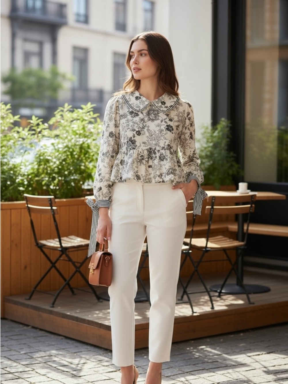 So Me Black and White Floral Blouse with Ribbon Accents NWT